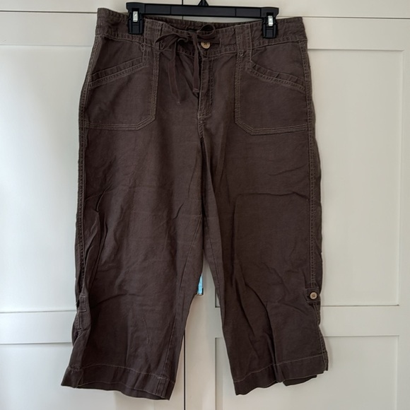 Nine West Jeans Brown Linen Blend Drawstring w/ Rolled Legs Capri 12 - Picture 4 of 9